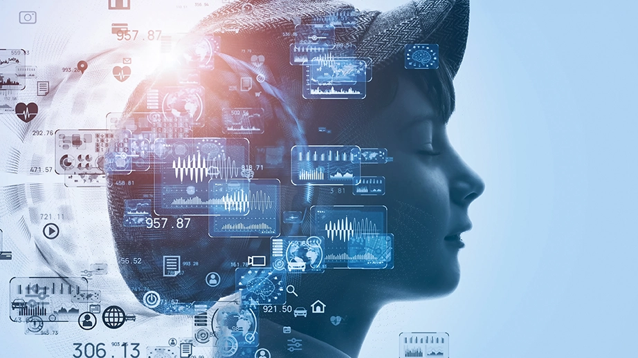 Analogía visual de la Generative Engine Optimization (GEO): un robot con interfaces digitales y flujos de datos, representando la optimización para la comprensión y síntesis de la inteligencia artificial generativa.